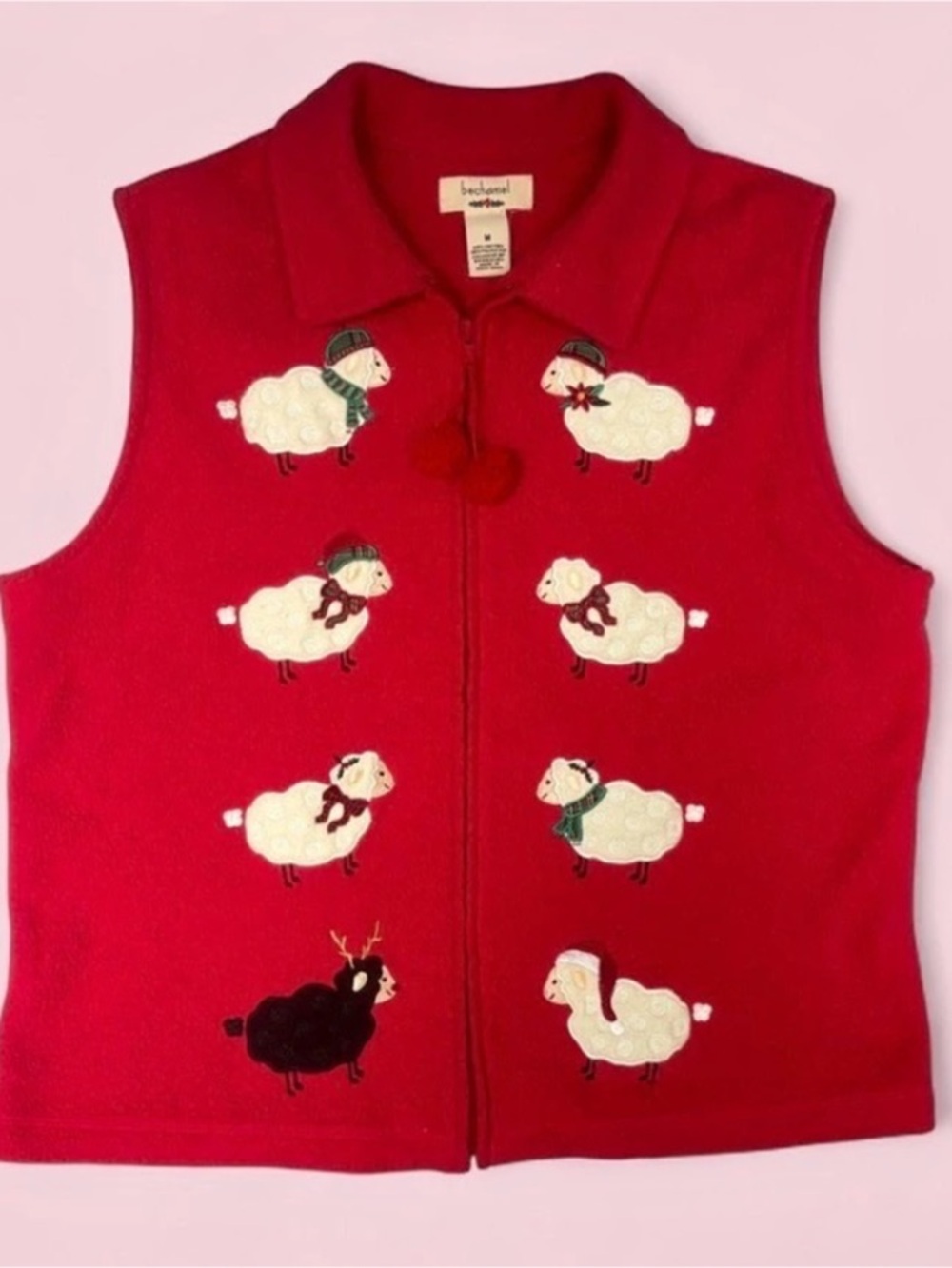 Vintage Bechamel Red Holiday Appliqué Christmas Sheep Fleece Vest Women’s M